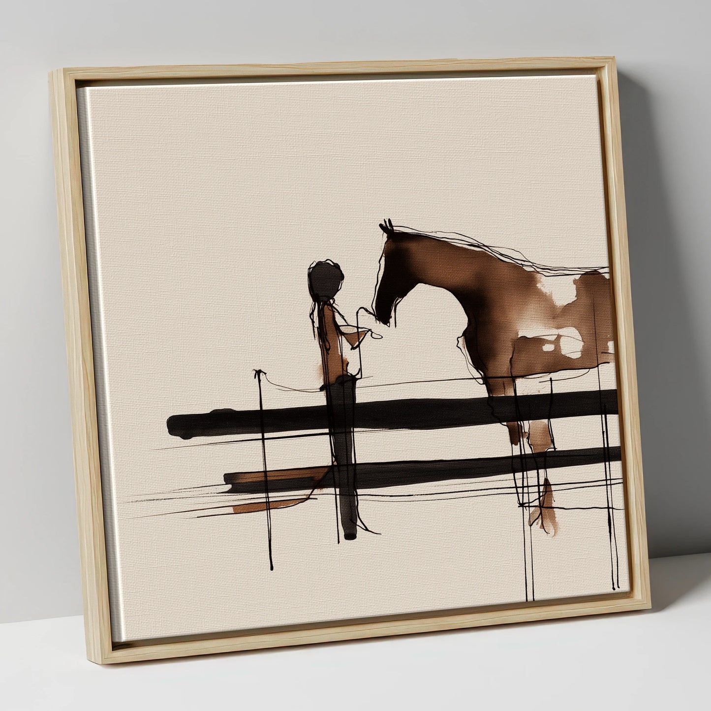 Connection at the Fence horse & rider canvas wall art in natural frame