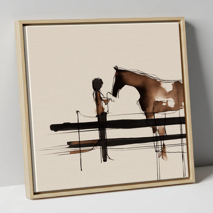 Connection at the Fence horse & rider canvas wall art in natural frame