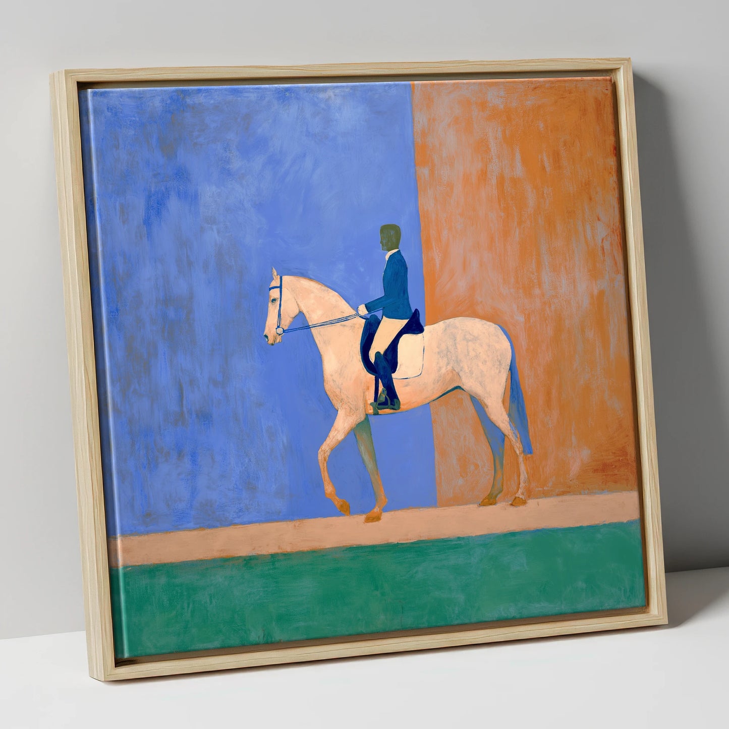 Contemporary Dressage Silhouette dressage horse canvas wall art in natural frame