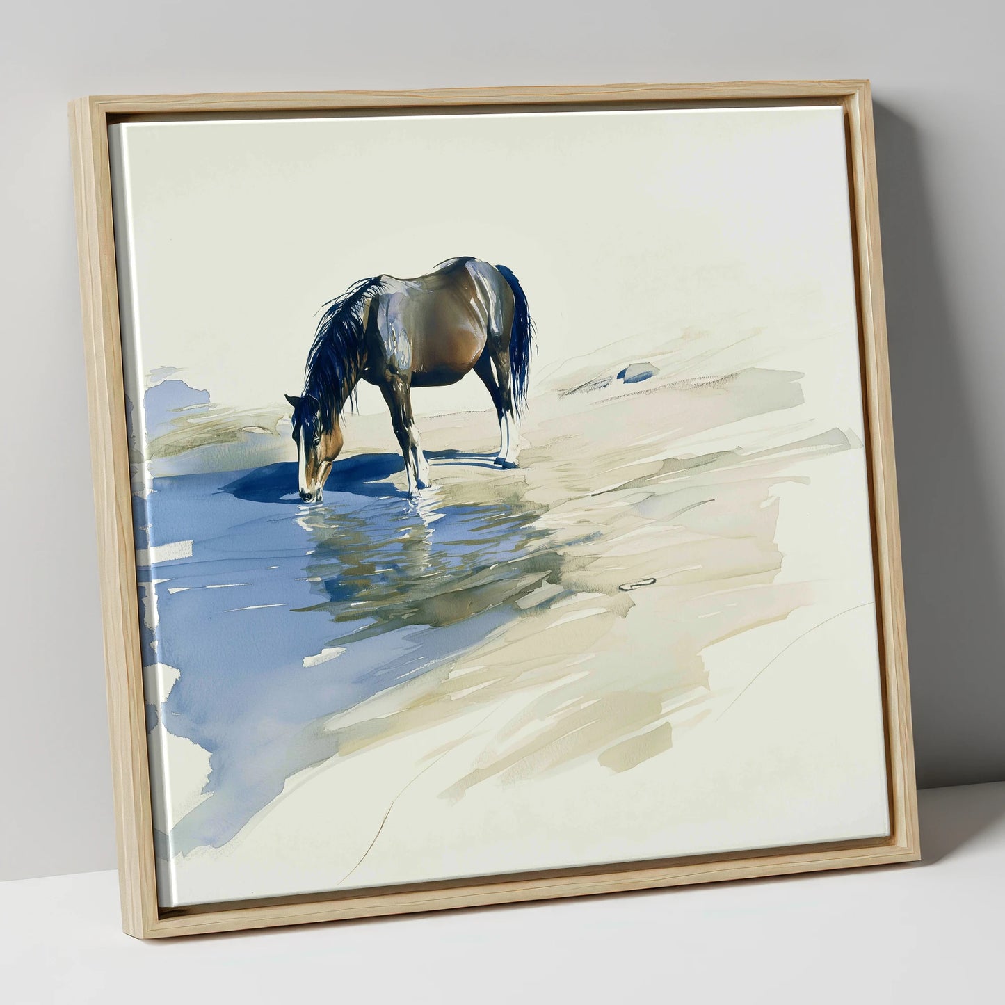 Quiet Reflection wild horses canvas wall art in natural frame