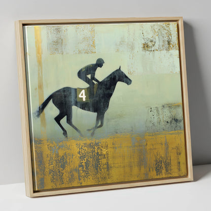 Gilded Number Four racing horse canvas wall art in natural frame