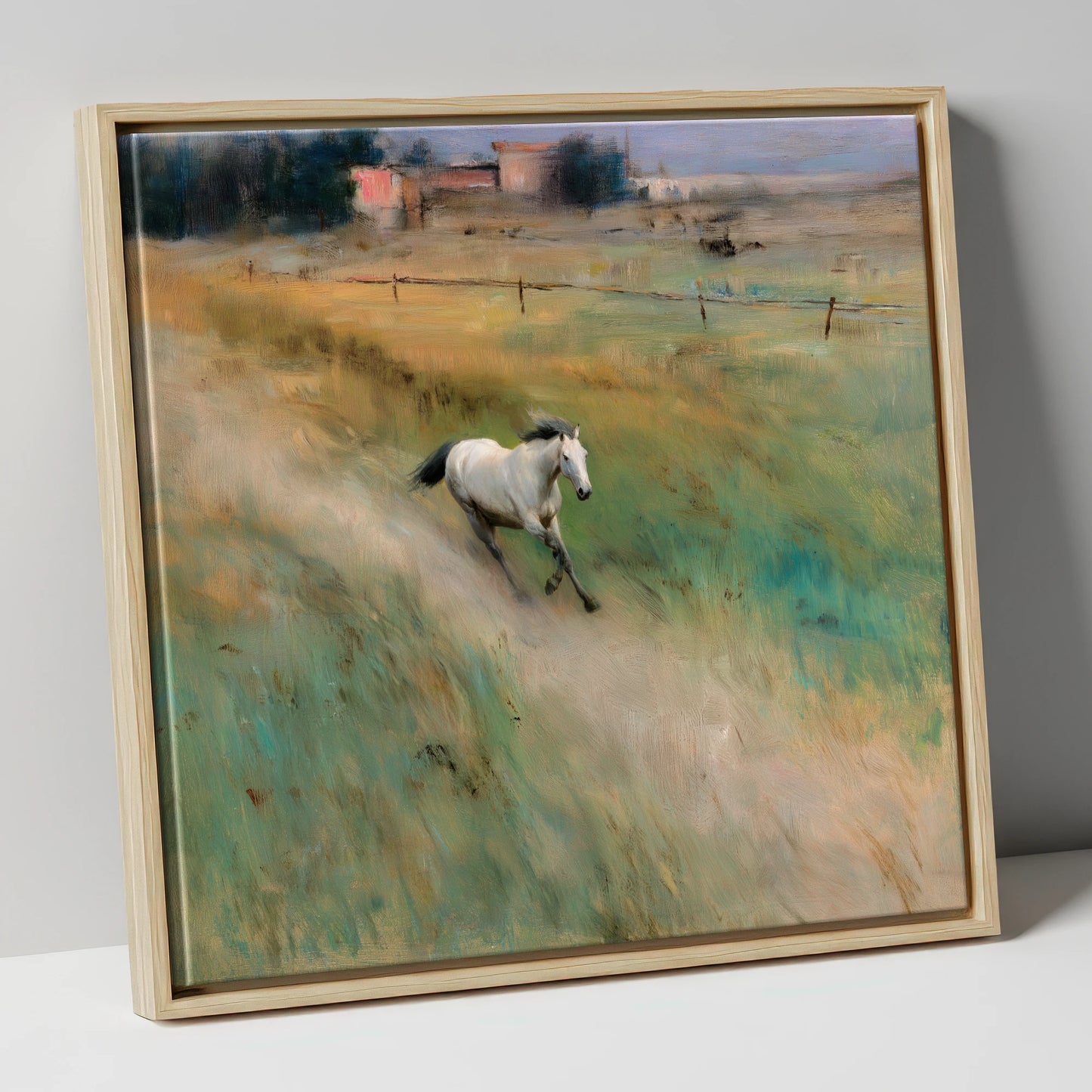 Morning Canter across the Lowlands horse landscape canvas wall art in natural frame