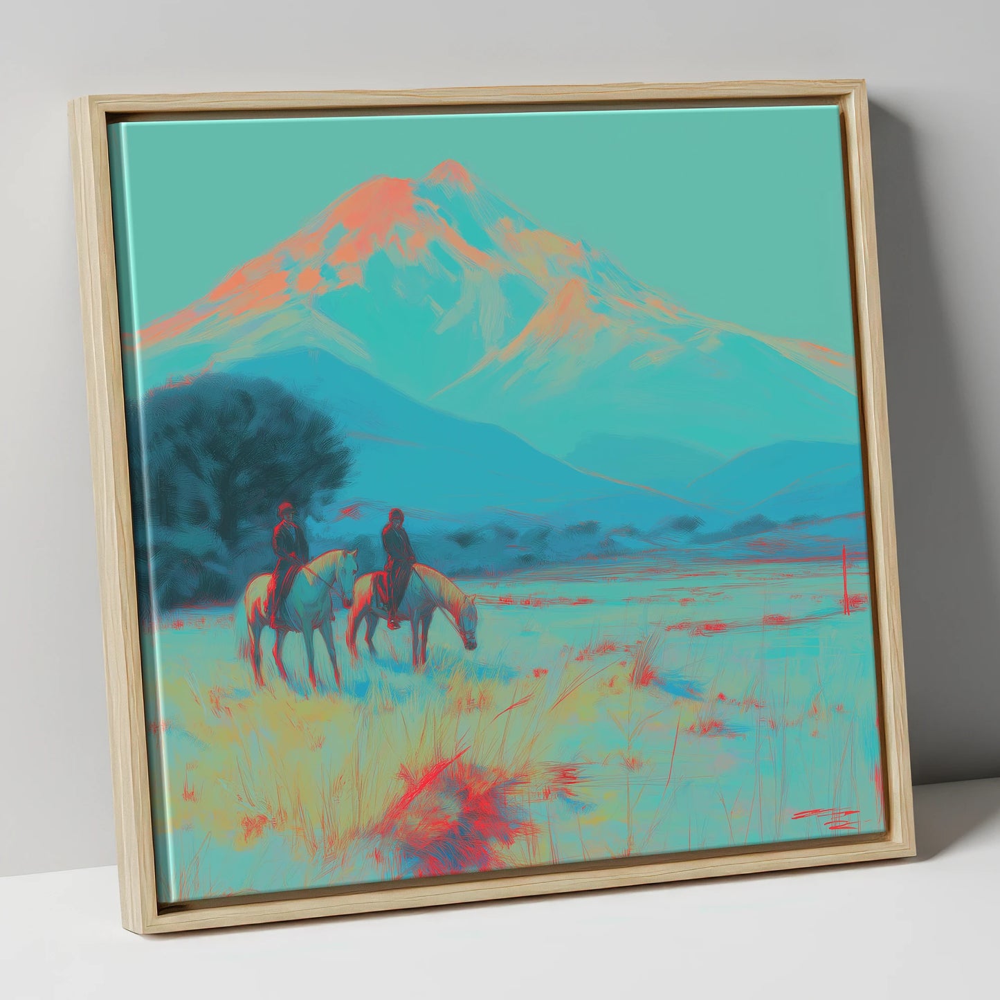 Electric Mountain Hack horse landscape canvas wall art in natural frame