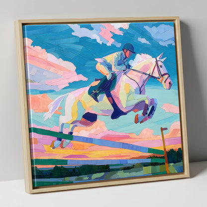 Technicolour Flight show jumping horse canvas wall art in natural frame