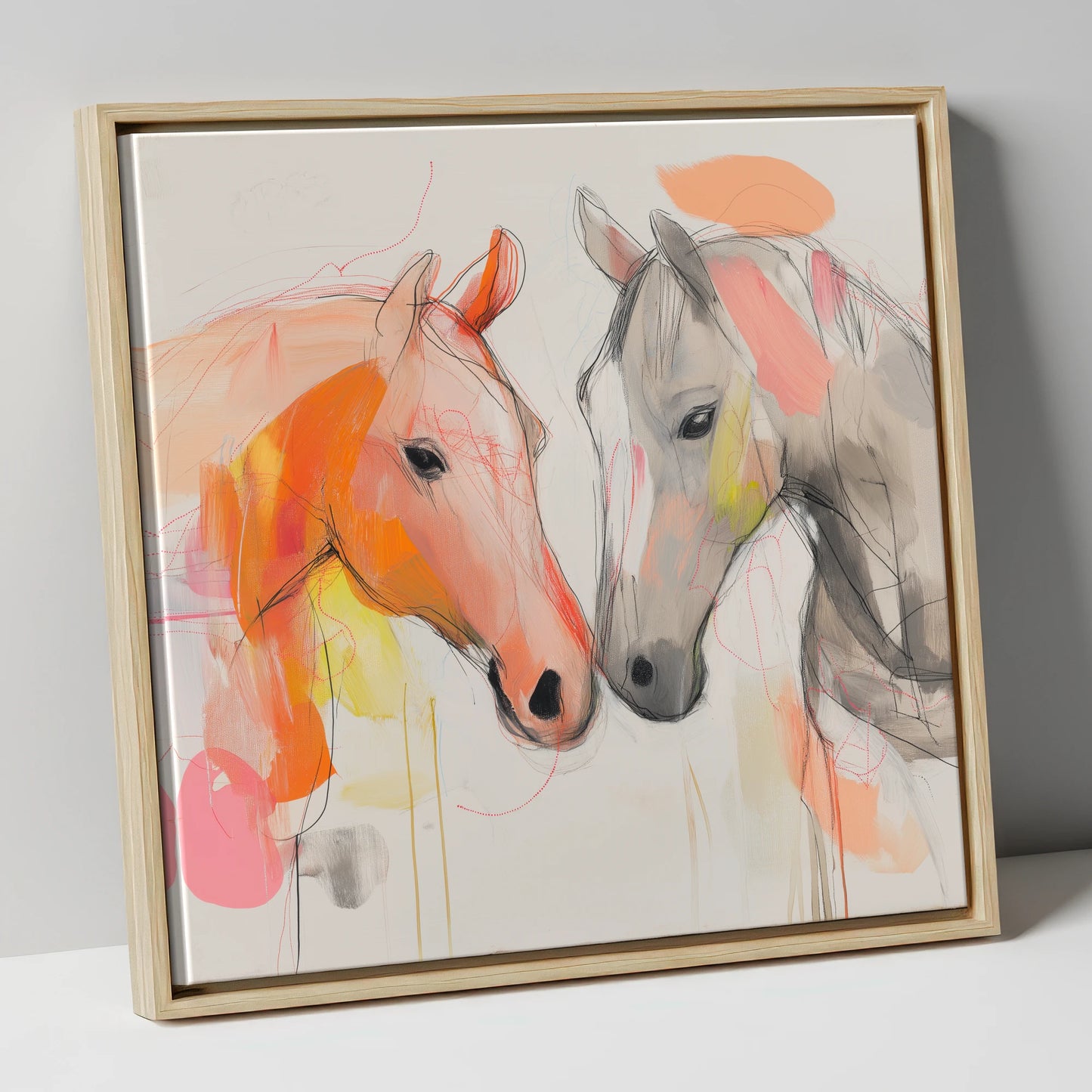 Tender Connection horse portrait canvas wall art in natural frame