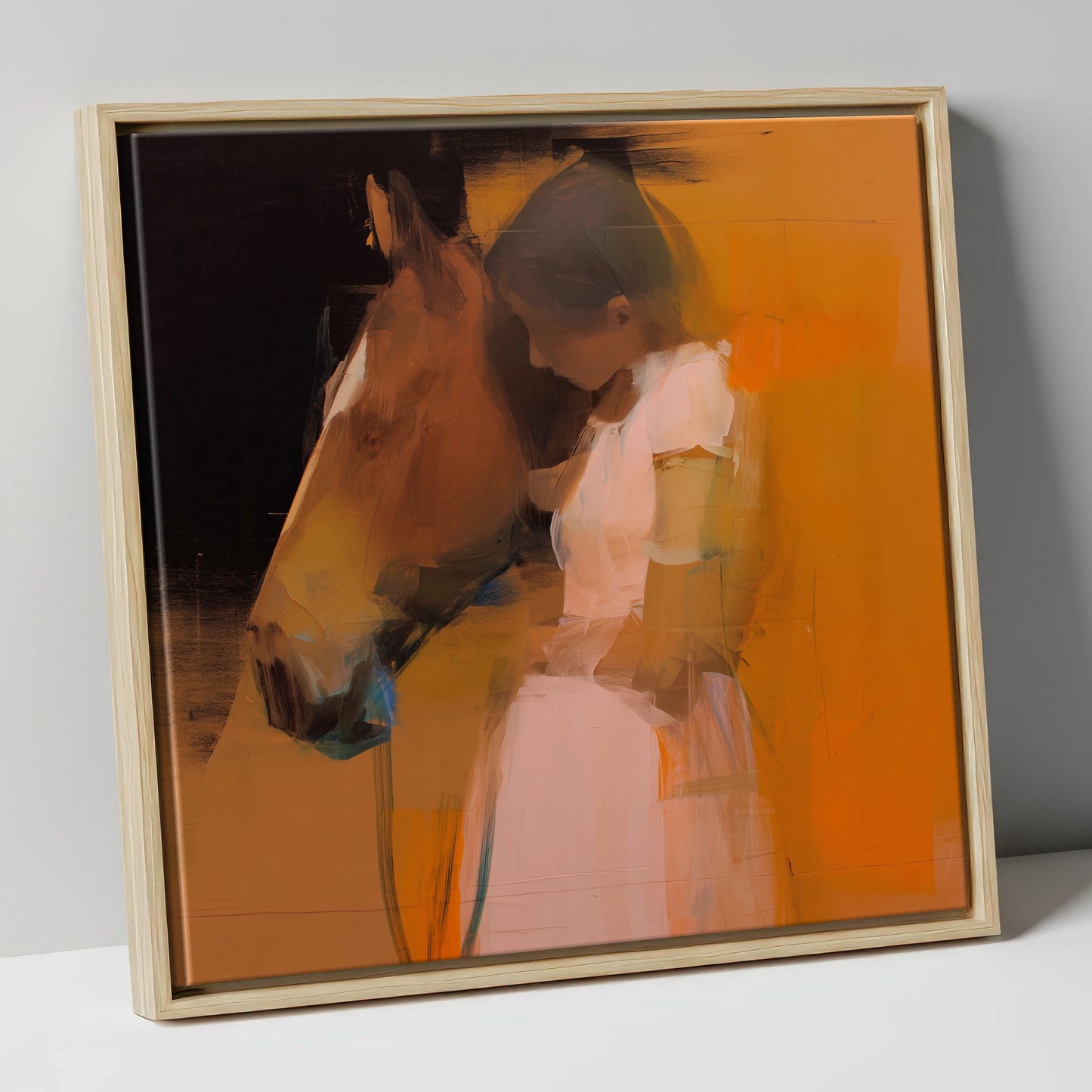 A Quiet Connection horse & rider canvas wall art in natural frame