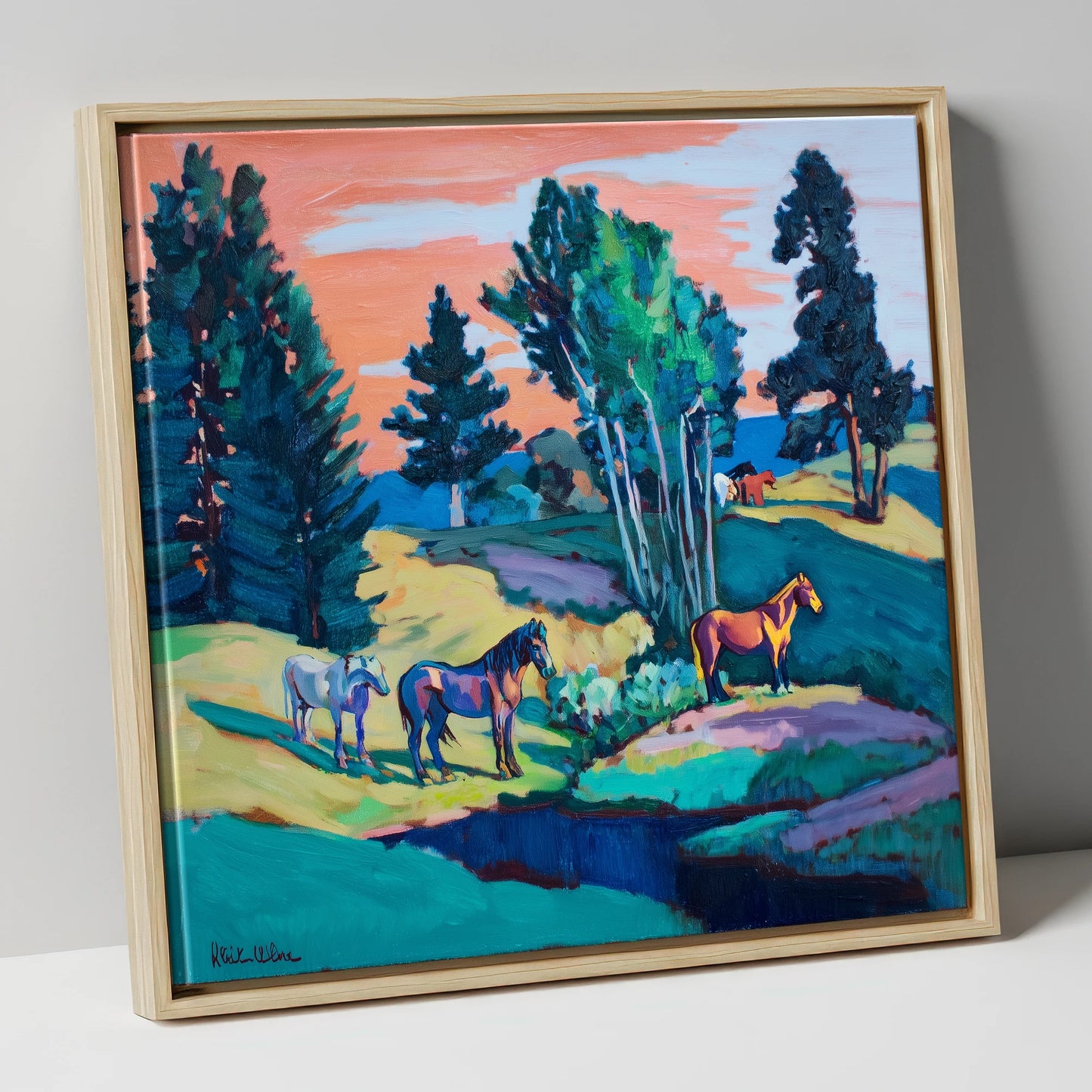 Vibrant Summer Pastures horse landscape canvas wall art in natural frame