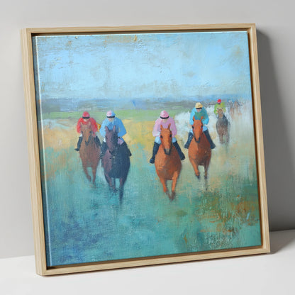 Through the Mist racing horse canvas wall art in natural frame