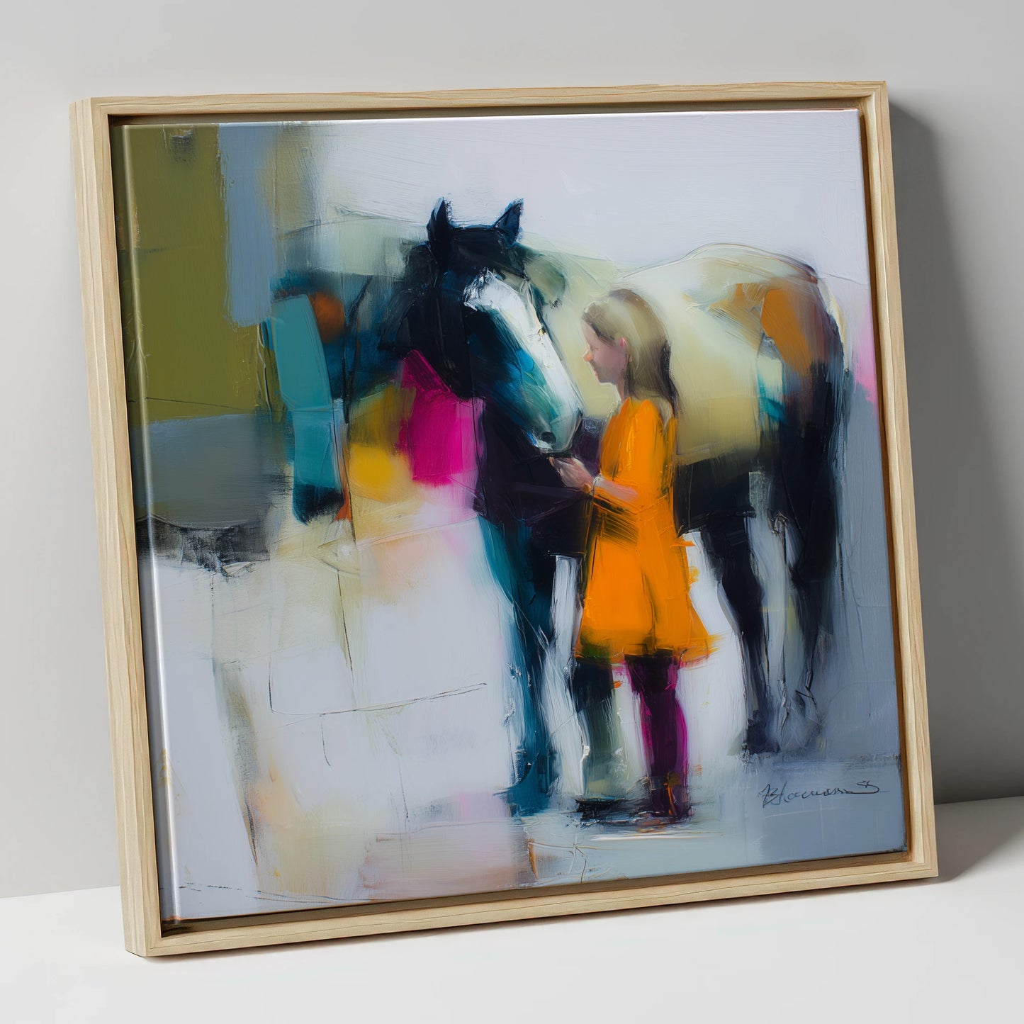 Vibrant Connection horse & rider canvas wall art in natural frame