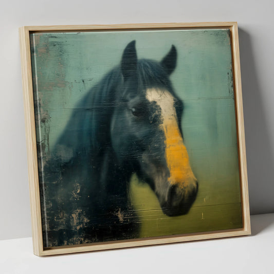 The Golden Blaze horse portrait canvas wall art in natural frame