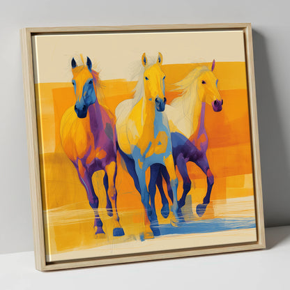 Three Vibrant Strides horse landscape canvas wall art in natural frame