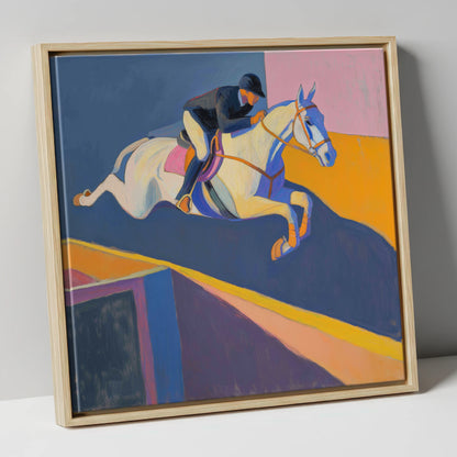 Bold Flight show jumping horse canvas wall art in natural frame