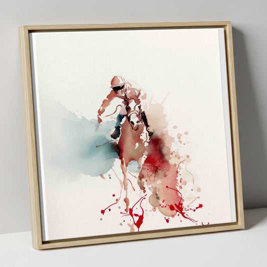 Racehorse and Jockey in Crimson Wash racing horse canvas wall art in natural frame