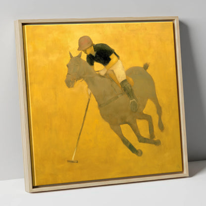 Golden Chukka polo horse canvas wall art in natural frame