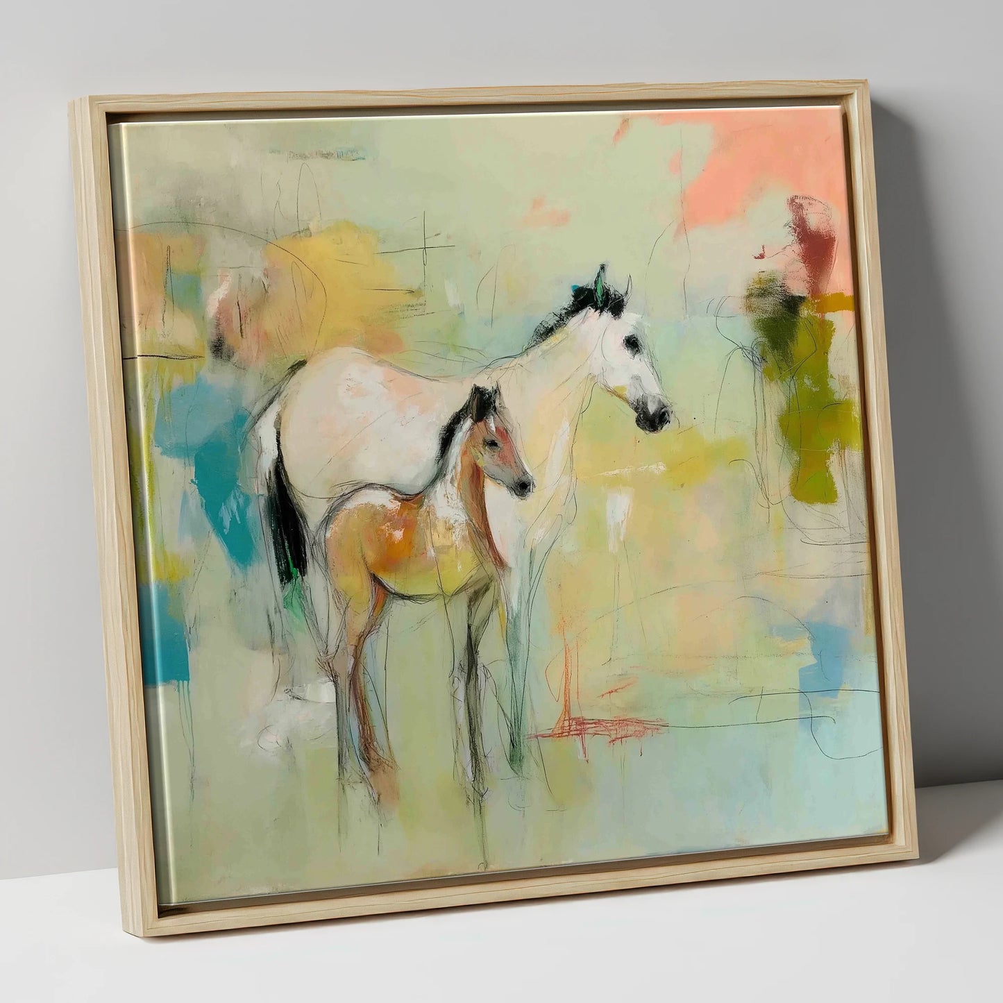 Ethereal Mare and Foal mare & foal canvas wall art in natural frame