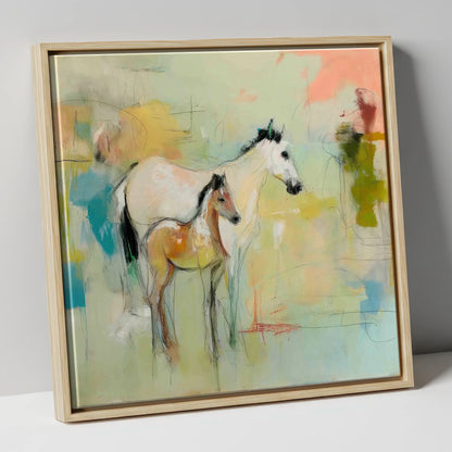 Ethereal Mare and Foal mare & foal canvas wall art in natural frame
