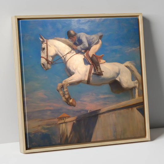 Flight Over the Wall show jumping horse canvas wall art in natural frame