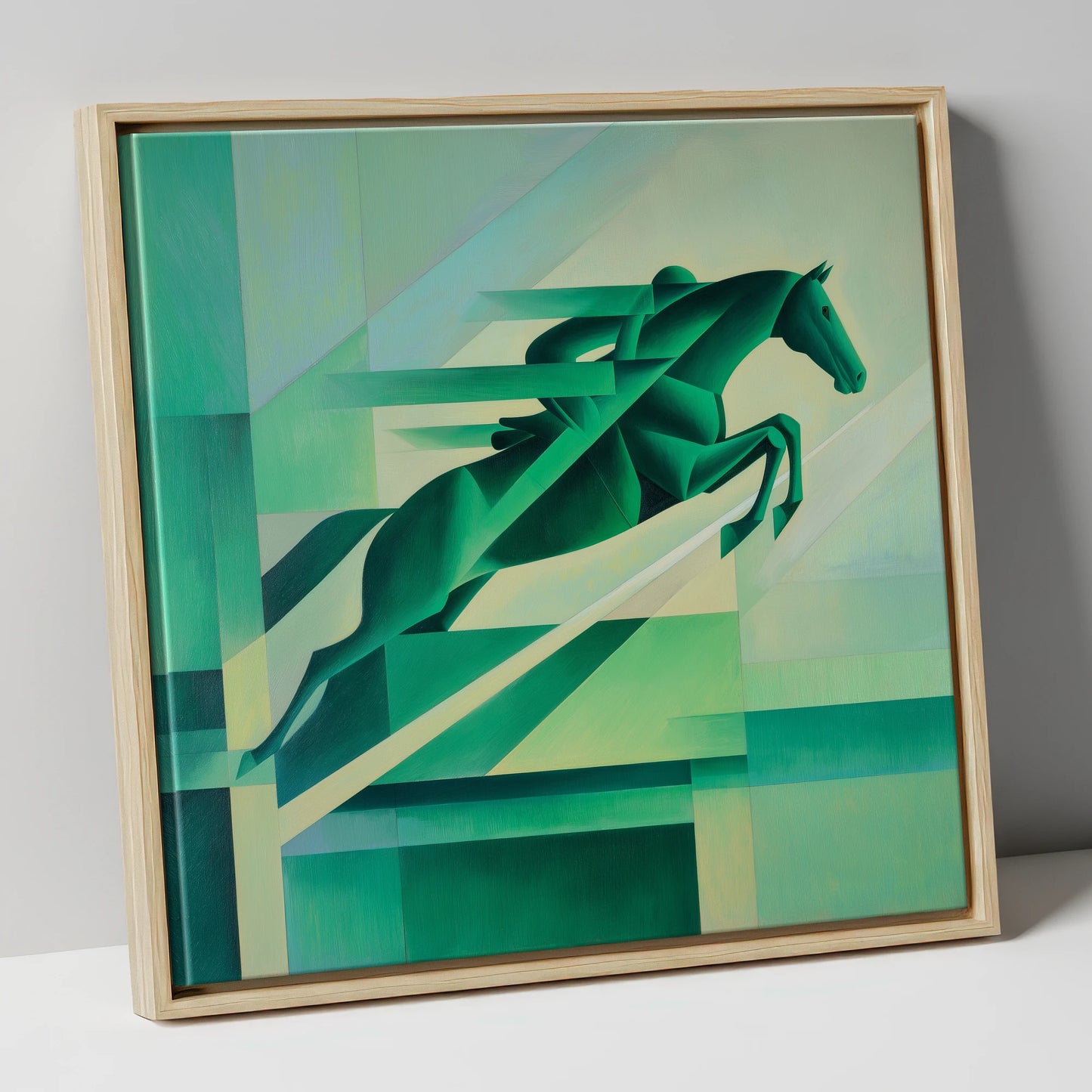 Emerald Momentum show jumping horse canvas wall art in natural frame