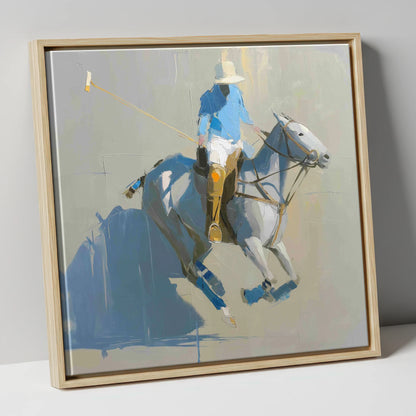 Slate Blue Chukka polo horse canvas wall art in natural frame