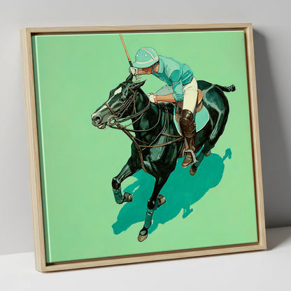 The Teal Chukka polo horse canvas wall art in natural frame