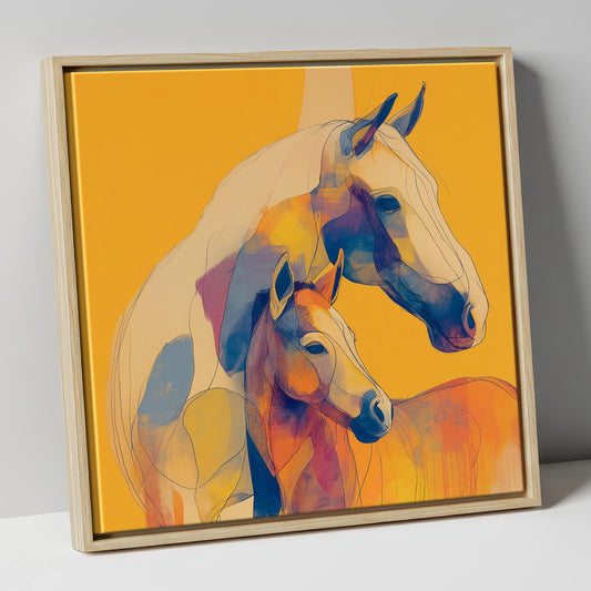 Golden Equine Bond mare & foal canvas wall art in natural frame