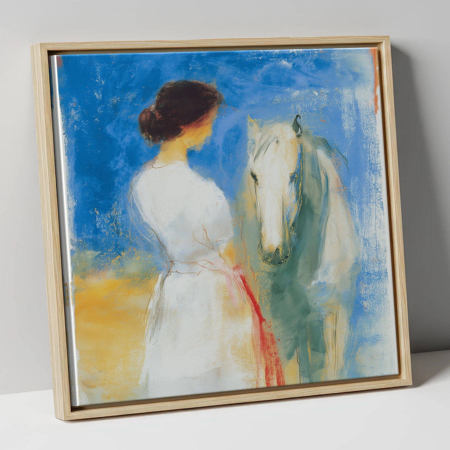 Whispers in Blue horse & rider canvas wall art in natural frame