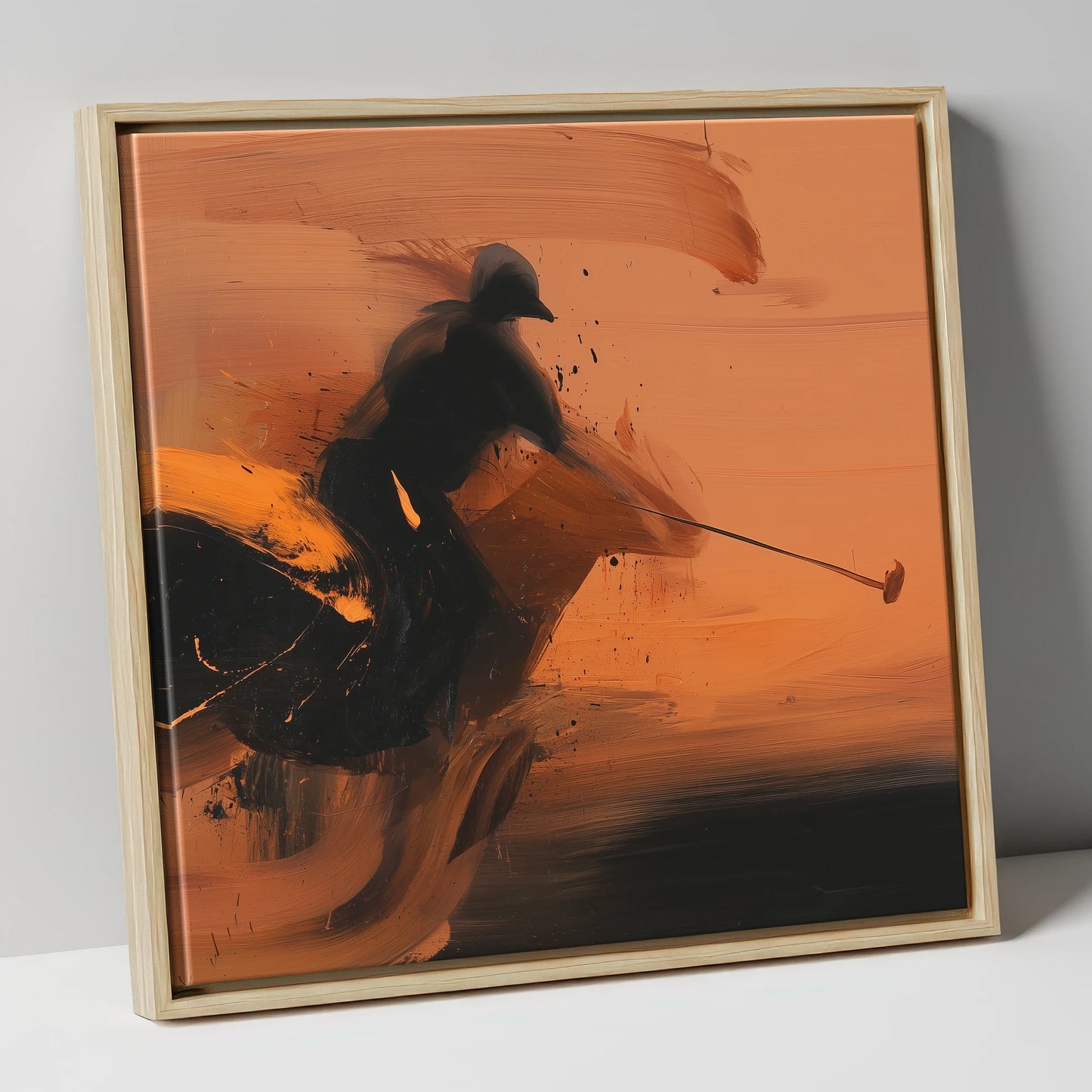 Strike in Amber polo horse canvas wall art in natural frame