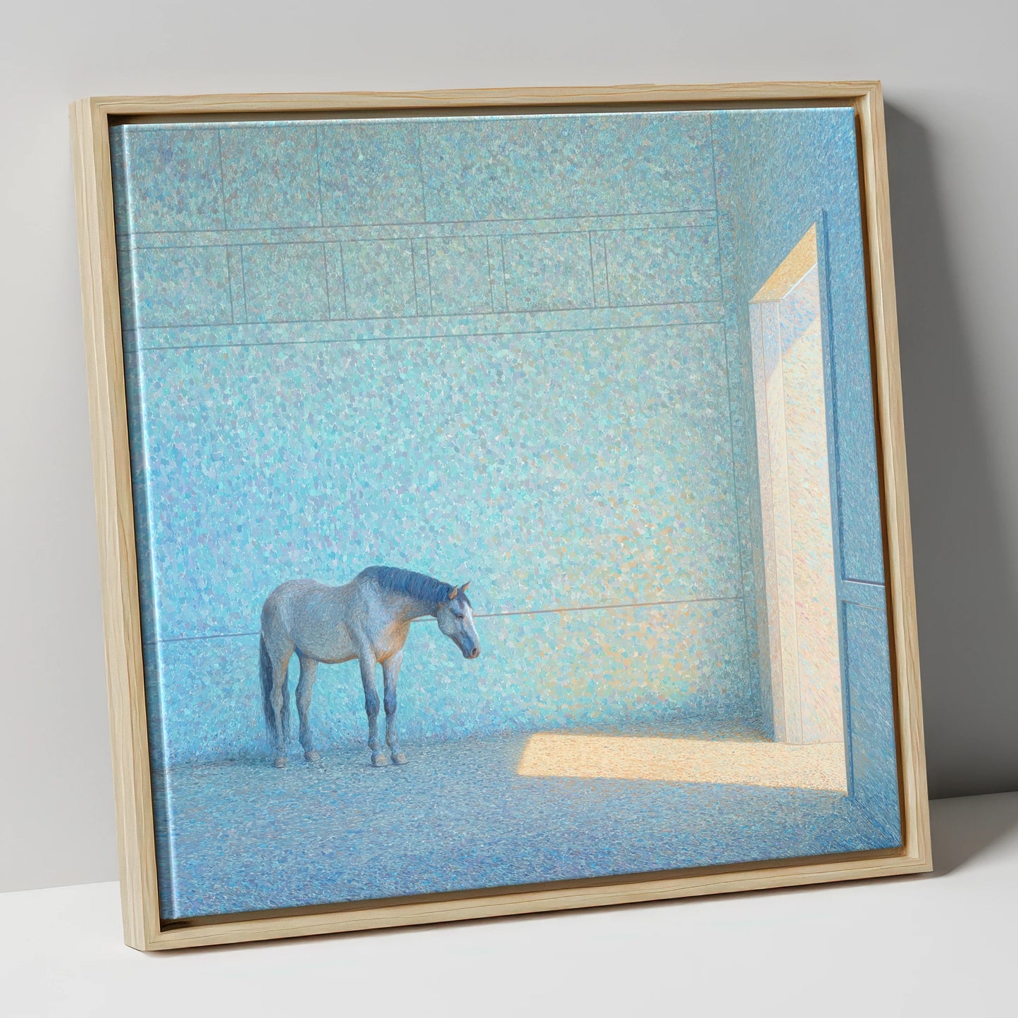 Luminous Grey horse stable canvas wall art in natural frame