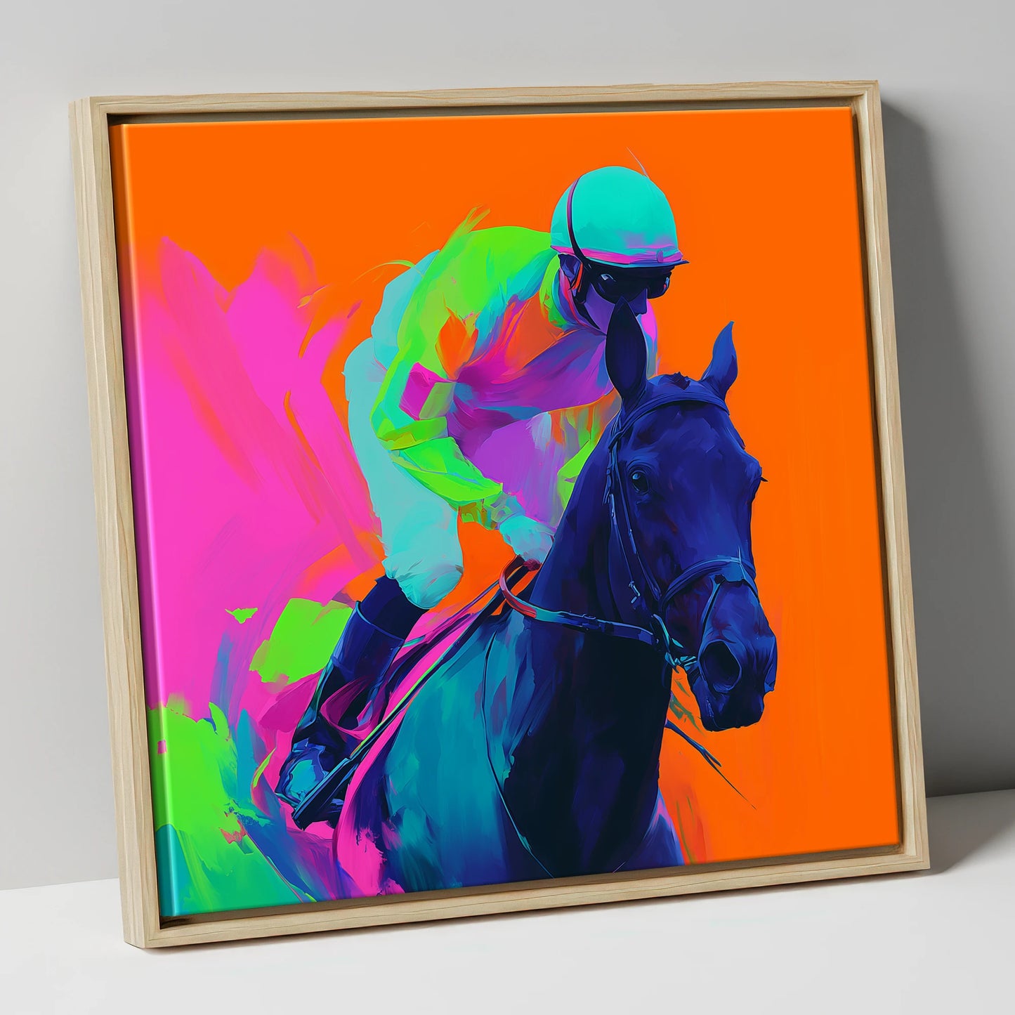 Velocity in Colour racing horse canvas wall art in natural frame