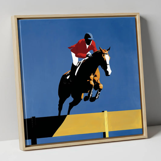 Suspended in Blue show jumping horse canvas wall art in natural frame