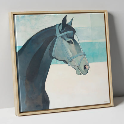 Serene Aquamarine Profile racing horse canvas wall art in natural frame