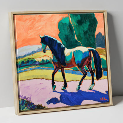 The Cobalt Stride horse breed canvas wall art in natural frame