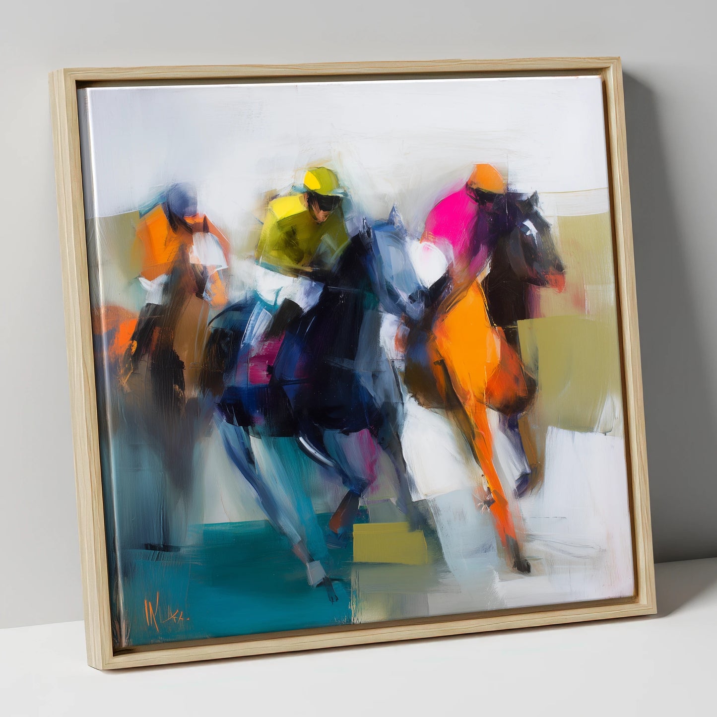 Rush of Silks racing horse canvas wall art in natural frame