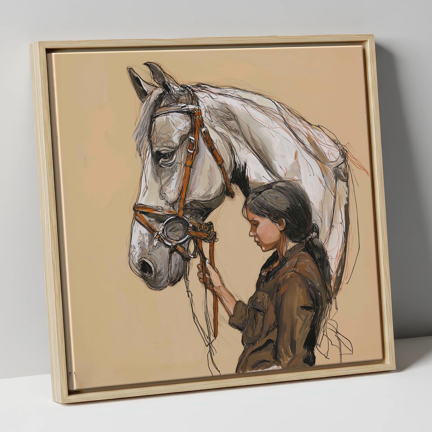 Quiet Connection horse & rider canvas wall art in natural frame