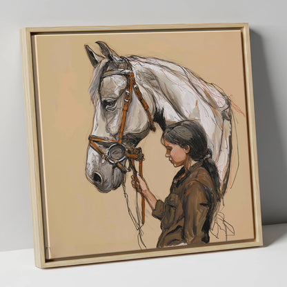 Quiet Connection horse & rider canvas wall art in natural frame