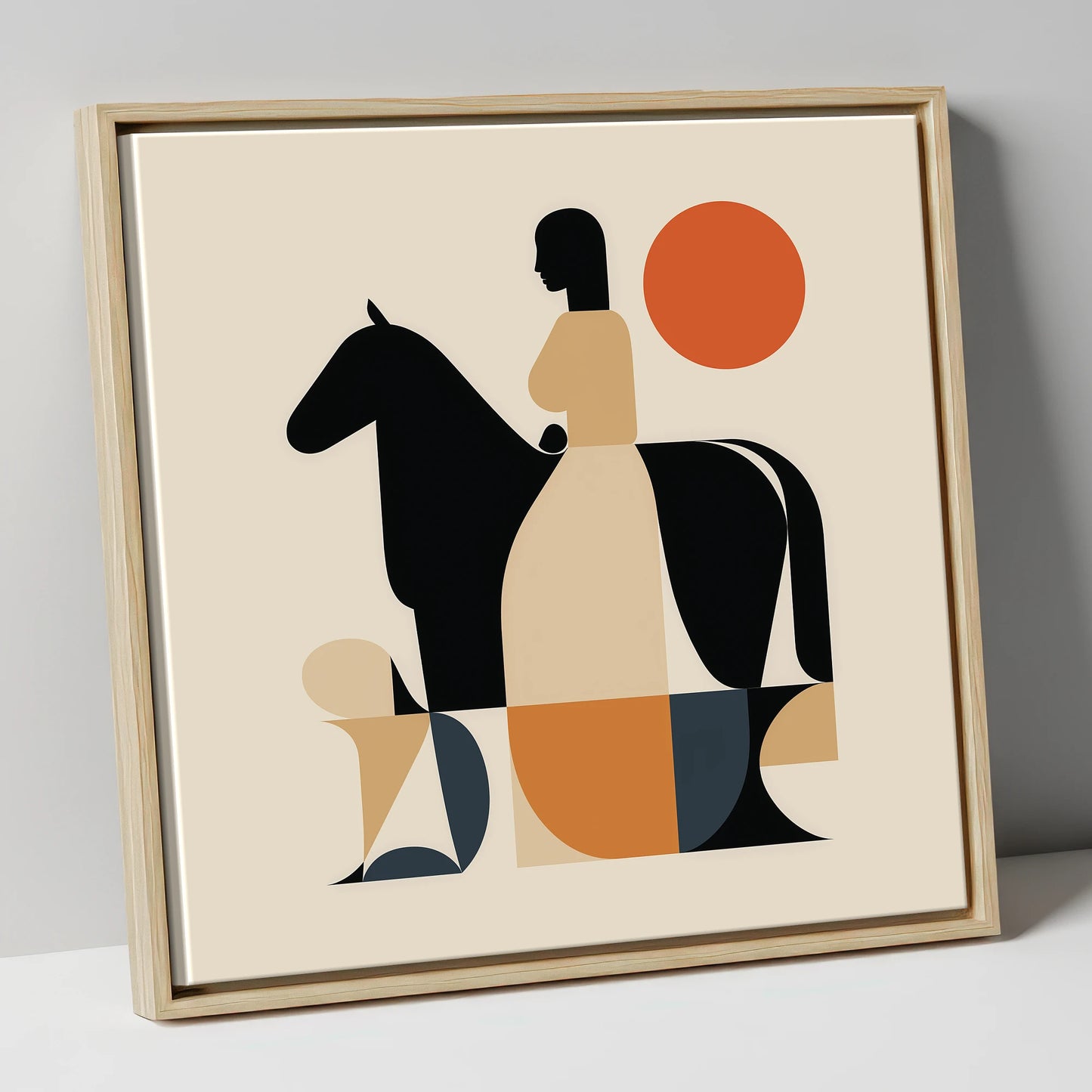 Harmony in Silhouette horse & rider canvas wall art in natural frame