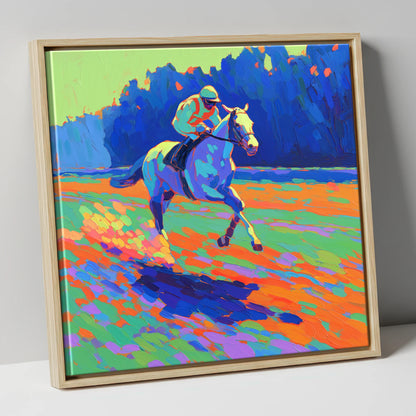 The Vibrant Gallop racing horse canvas wall art in natural frame