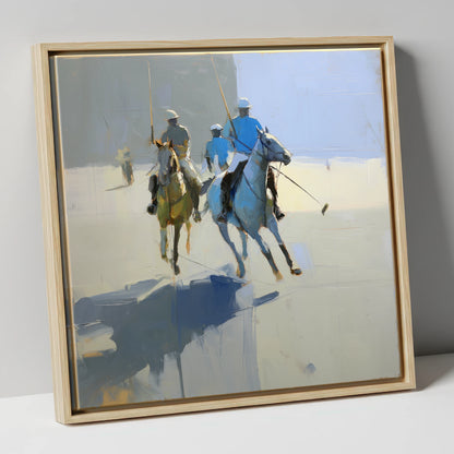 Slate Blue Chukka polo horse canvas wall art in natural frame