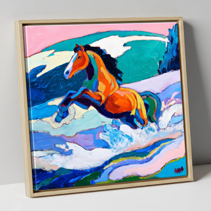 Vivid Coastal Leap beach horse canvas wall art in natural frame