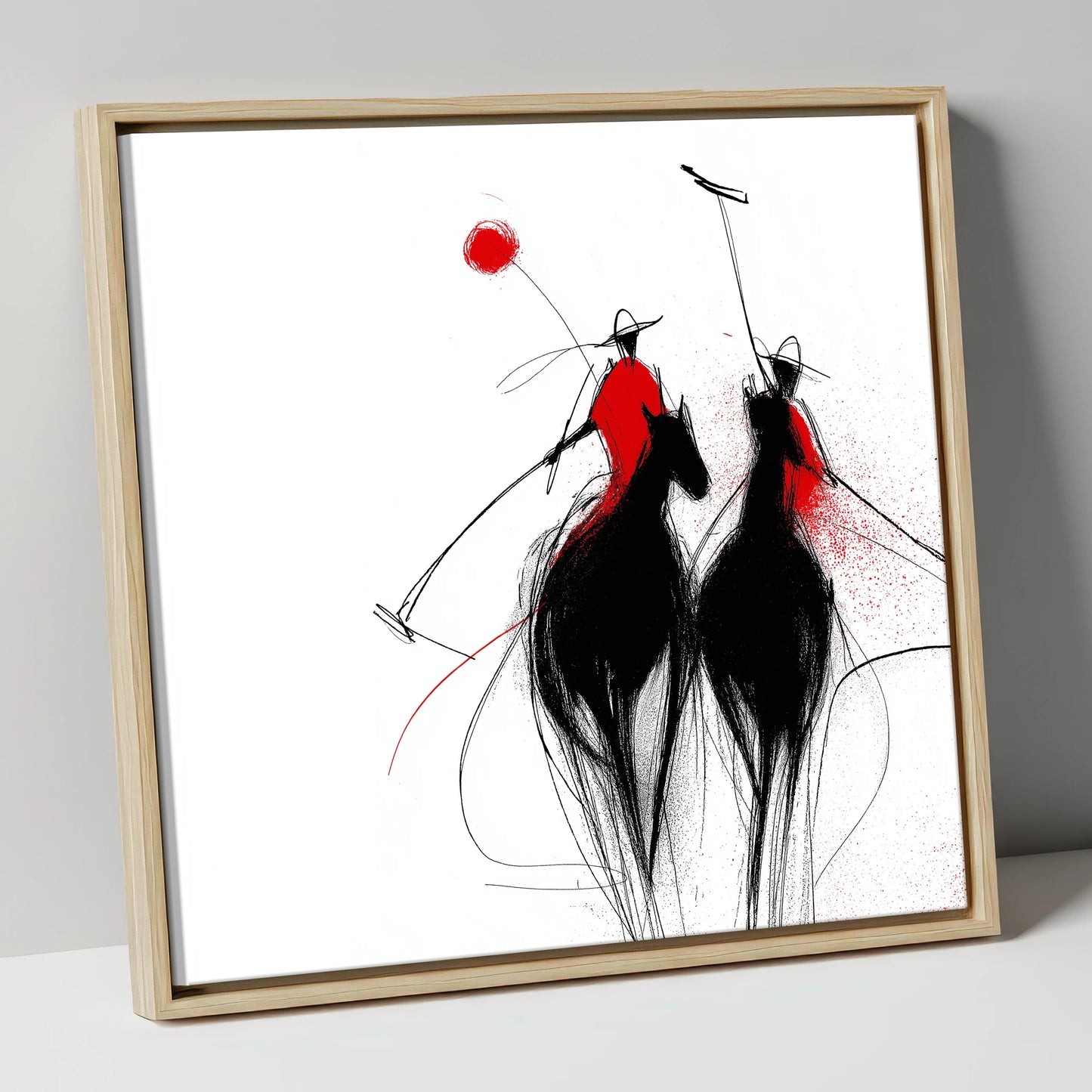 Crimson Chukka polo horse canvas wall art in natural frame