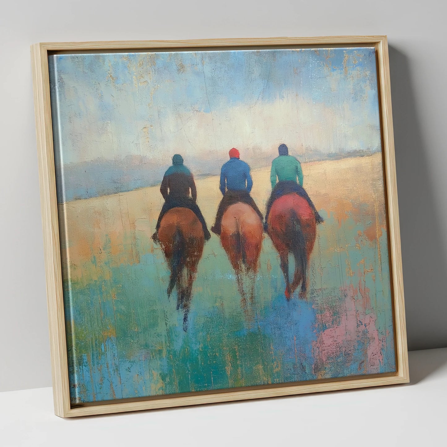 The Morning String racing horse canvas wall art in natural frame