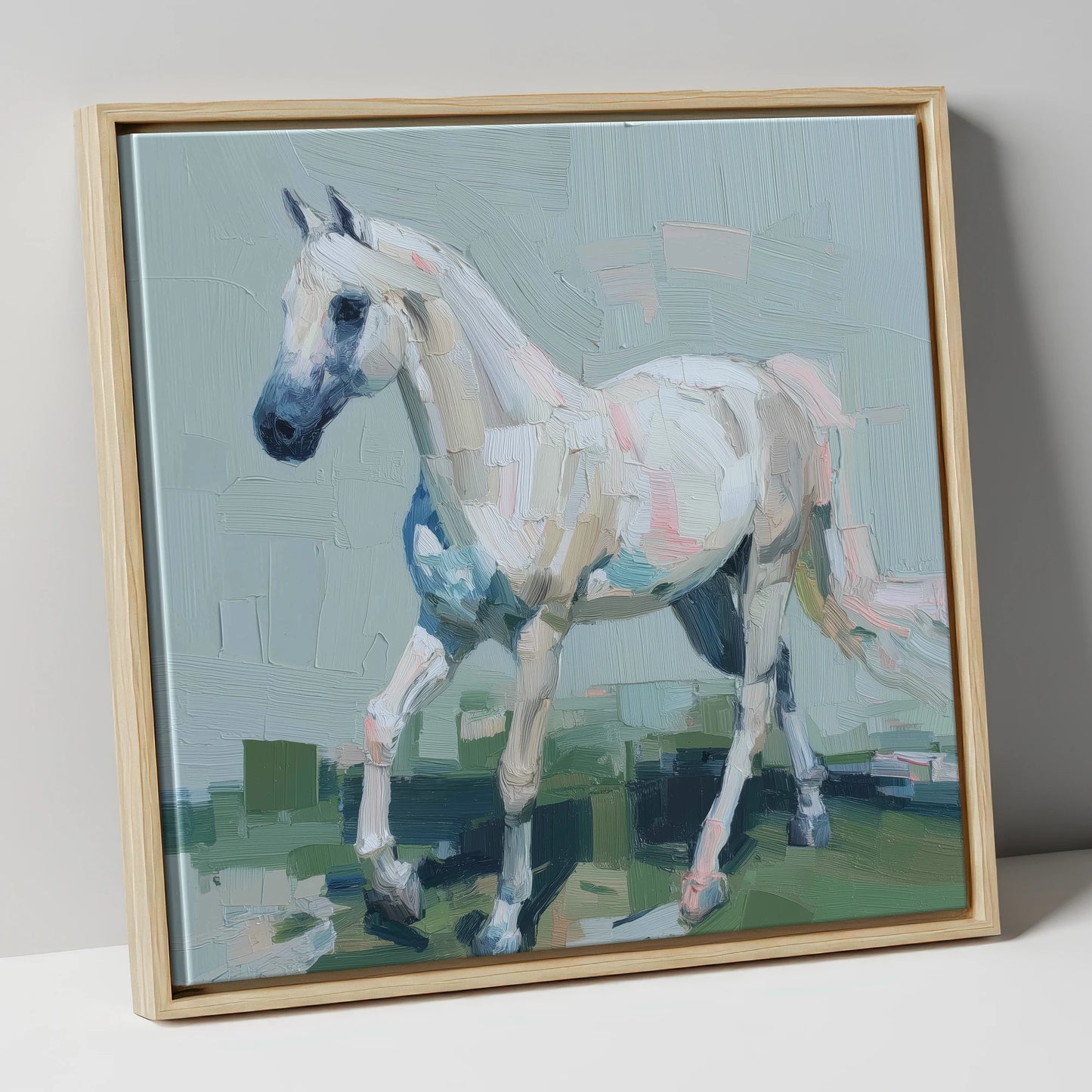 Contemporary Grey Stride horse breed canvas wall art in natural frame