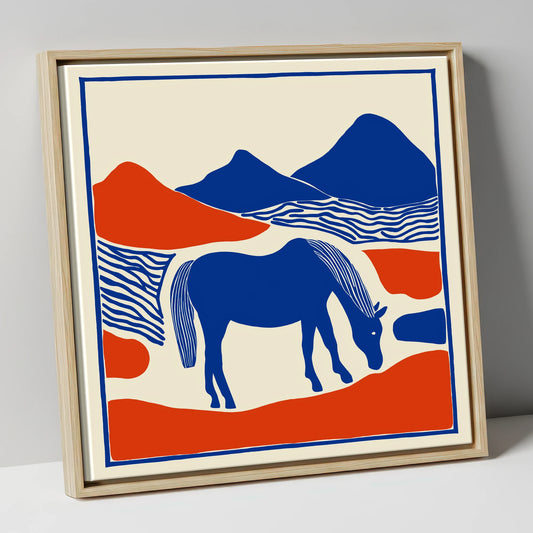 Cobalt Pastures horse landscape canvas wall art in natural frame