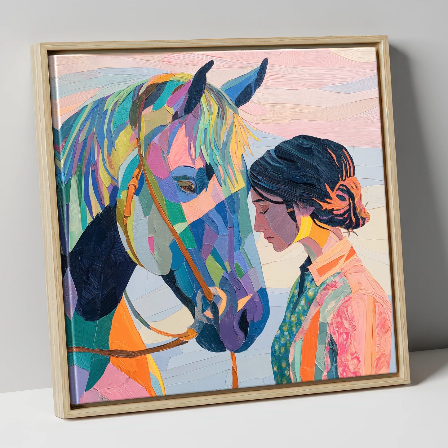Vibrant Harmony horse & rider canvas wall art in natural frame