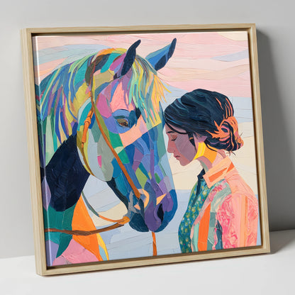 Vibrant Harmony horse & rider canvas wall art in natural frame