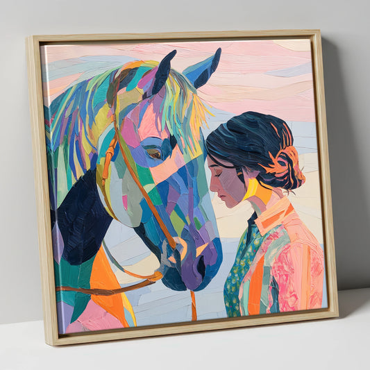 Vibrant Harmony horse & rider canvas wall art in natural frame