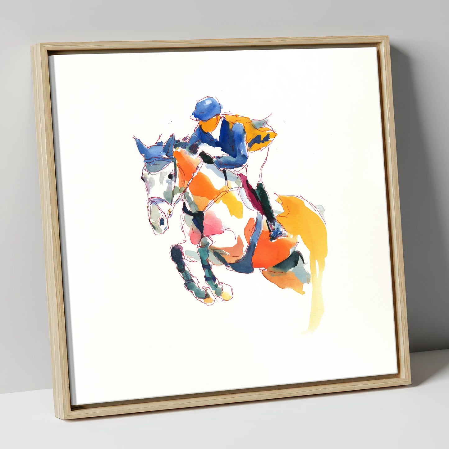 Dynamic Flight show jumping horse canvas wall art in natural frame