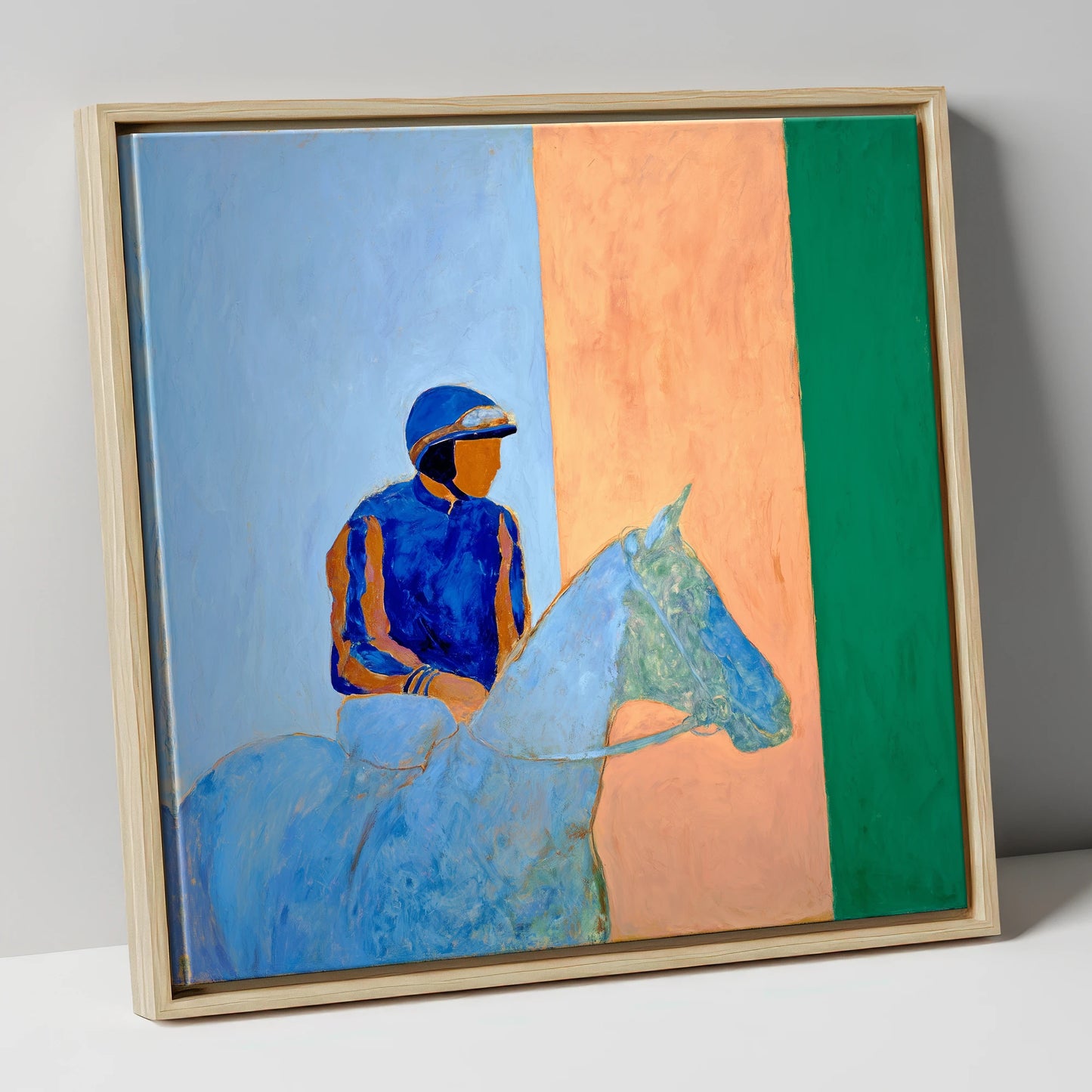 Stillness In The Saddle racing horse canvas wall art in natural frame