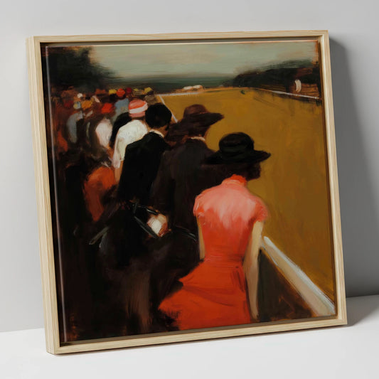 Anticipation at the Rails racing horse canvas wall art in natural frame