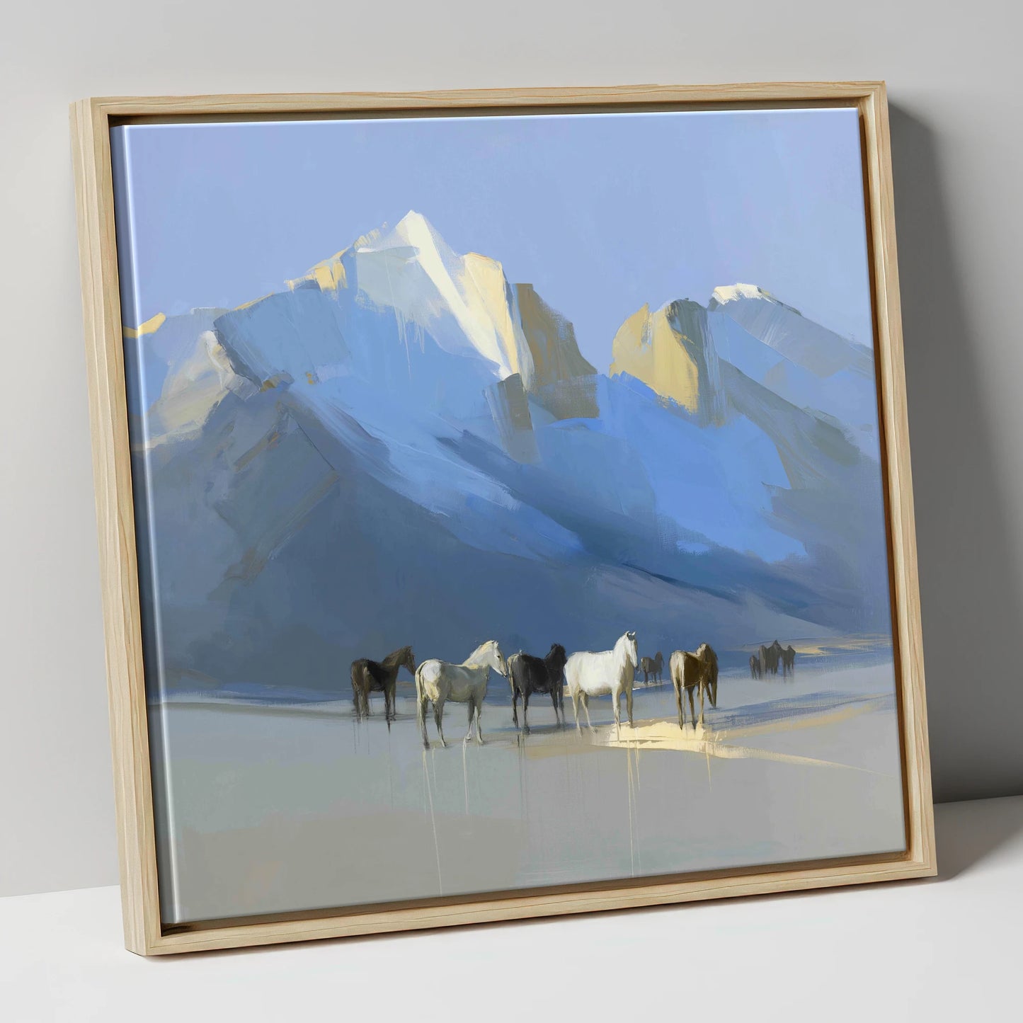 Glacial Heights horse landscape canvas wall art in natural frame
